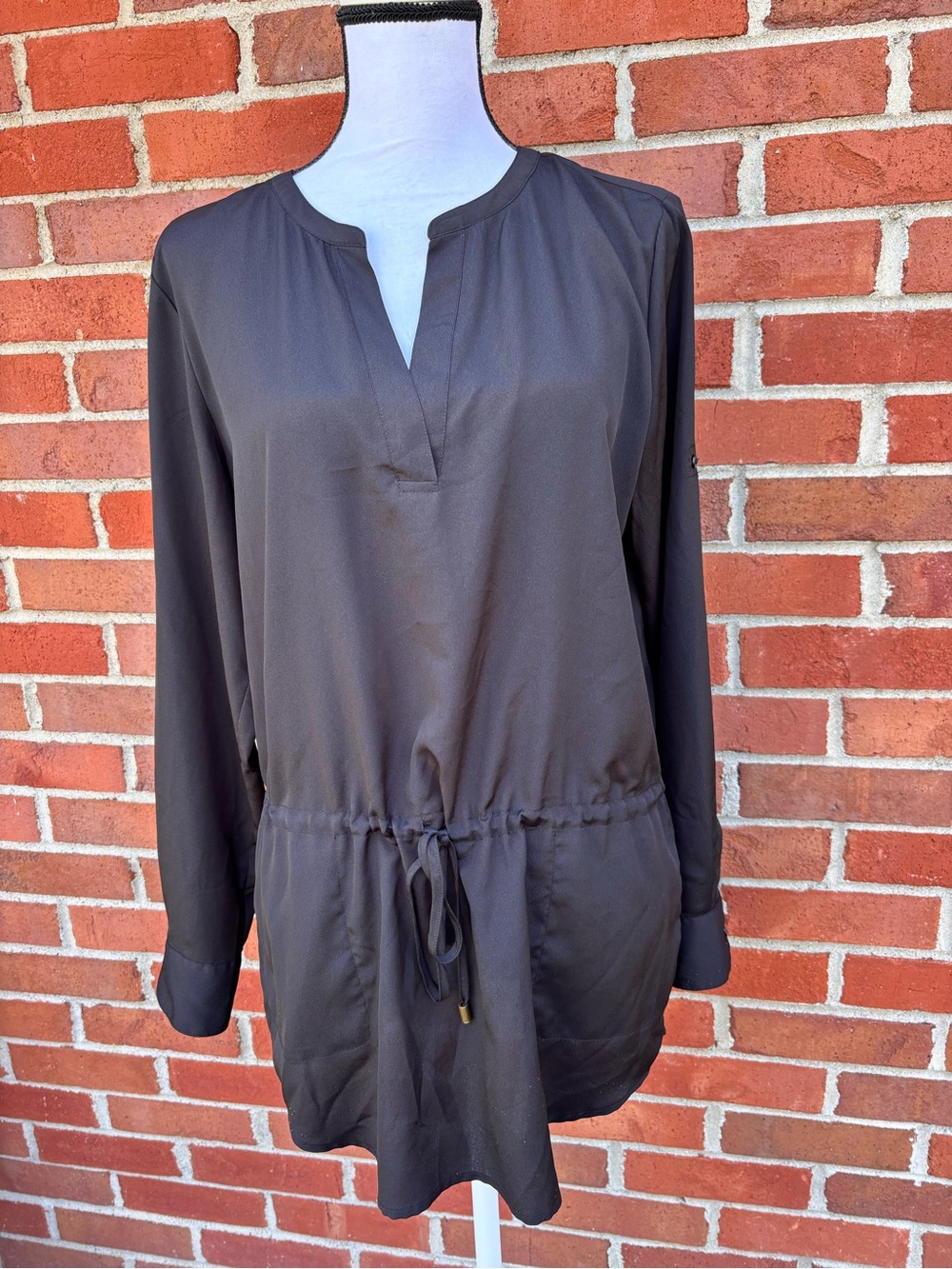 Lauren Ralph Lauren Black Split Neck Drawstring Tunic Top Womens Medium